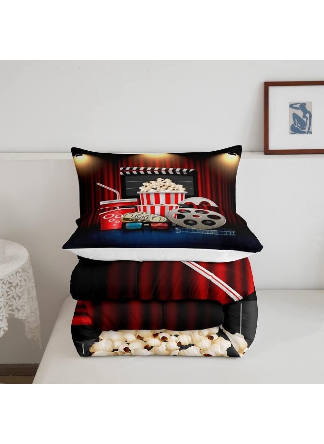 Homewish Vintage Cinema Ticket Comforter Set, Movie Theater Theme Bedding Set for Kids Girls Women, Adults Filmstrip Comforter, Popcorn Quilted Duvet Set Bedroom Collection Twin Size 2Pcs