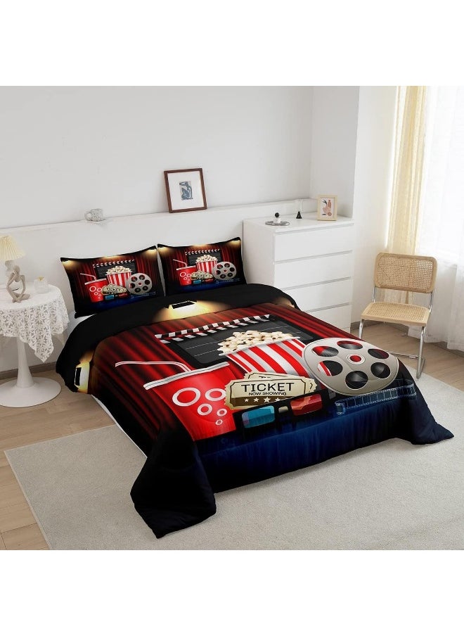 Homewish Vintage Cinema Ticket Comforter Set, Movie Theater Theme Bedding Set for Kids Girls Women, Adults Filmstrip Comforter, Popcorn Quilted Duvet Set Bedroom Collection Twin Size 2Pcs