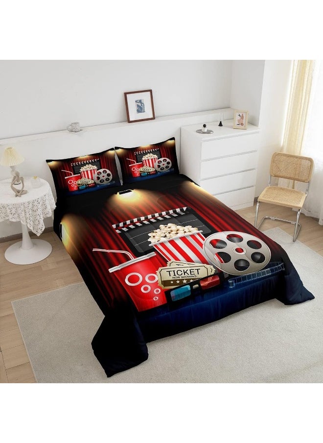Homewish Vintage Cinema Ticket Comforter Set, Movie Theater Theme Bedding Set for Kids Girls Women, Adults Filmstrip Comforter, Popcorn Quilted Duvet Set Bedroom Collection Twin Size 2Pcs