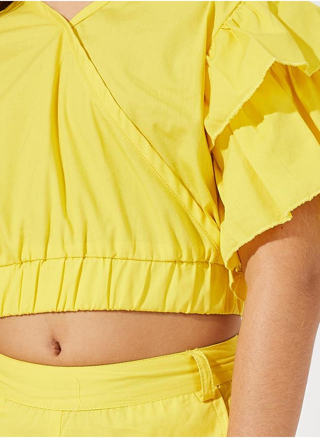 Layered Sleeve Crop Top & Wide Leg Pants Set