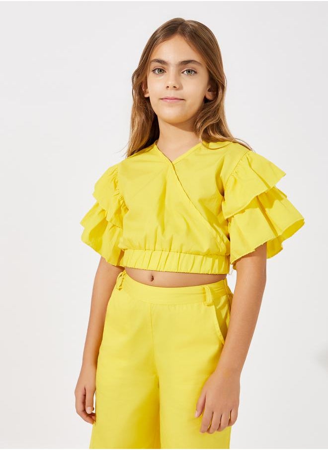 Layered Sleeve Crop Top & Wide Leg Pants Set