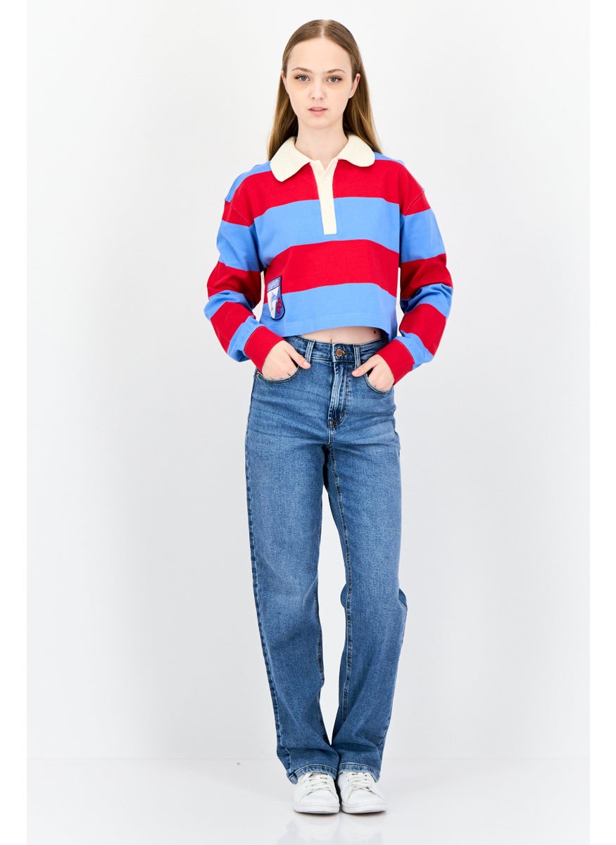Women Spread Collar Long Sleeves Stripe Sweatshirt, Multicolor