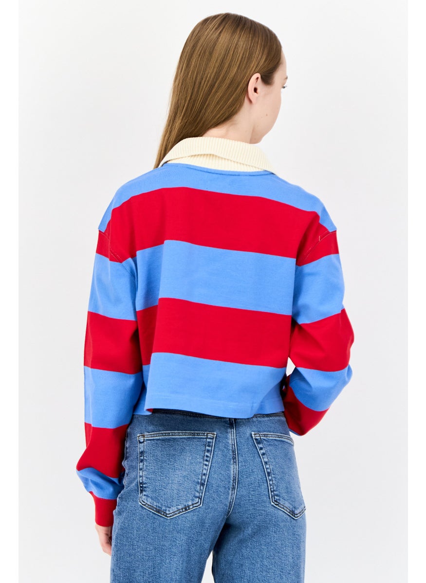 Women Spread Collar Long Sleeves Stripe Sweatshirt, Multicolor
