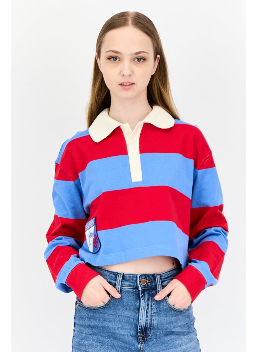 Women Spread Collar Long Sleeves Stripe Sweatshirt, Multicolor