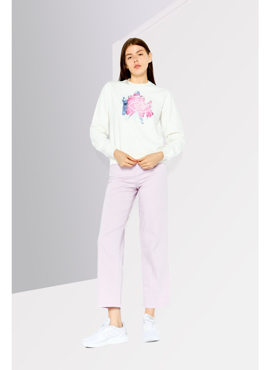Women Crew Neck Long Sleeve Graphic Print Sweatshirt, White Combo