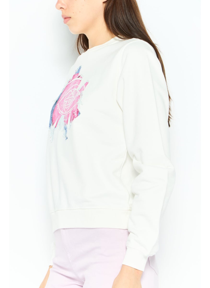 Women Crew Neck Long Sleeve Graphic Print Sweatshirt, White Combo