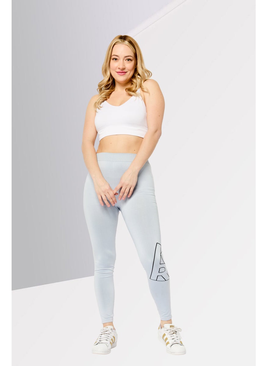 Women Brand Logo Plain Leggings, Ice Blue