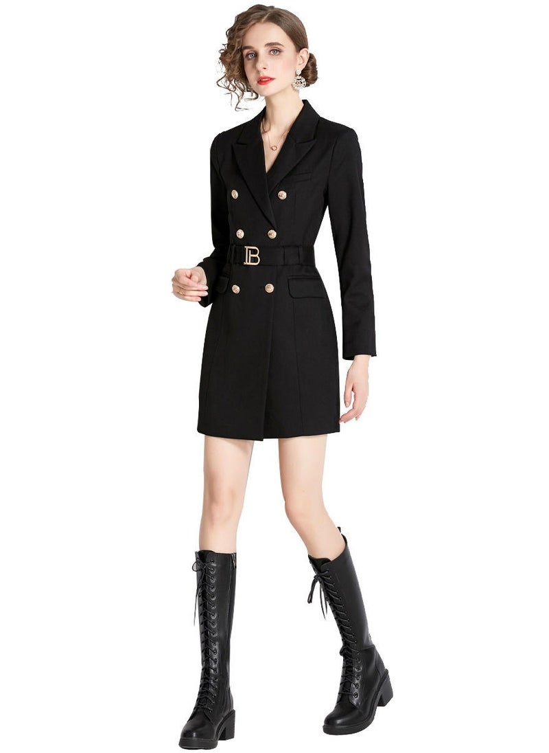 Button Long Sleeve Notched Collar Blazer Dress
