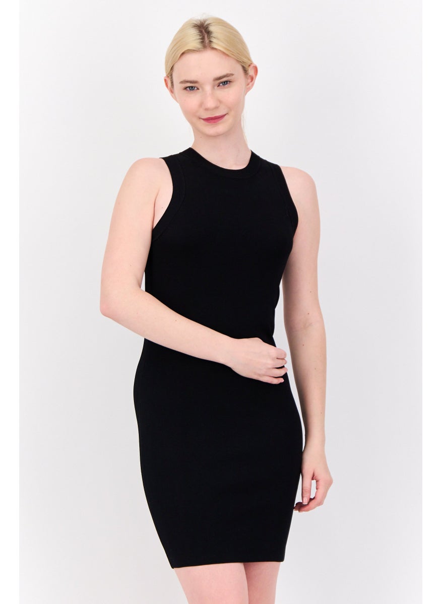 Women Ribbed Mini Dress, Black