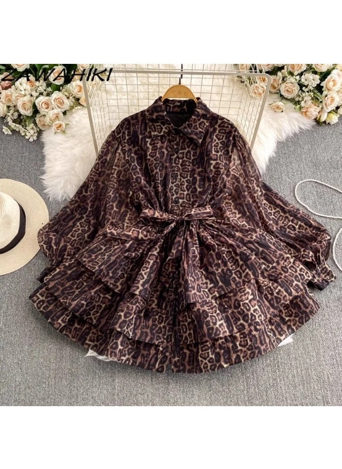 Elegant Leopard Print Ruffled Shirt Dress with Belt