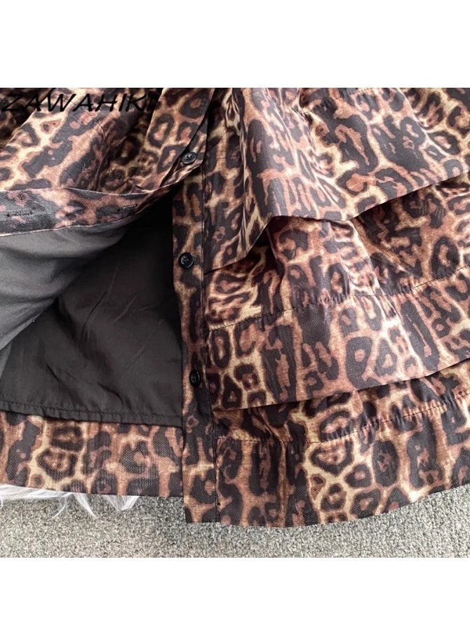 Elegant Leopard Print Ruffled Shirt Dress with Belt