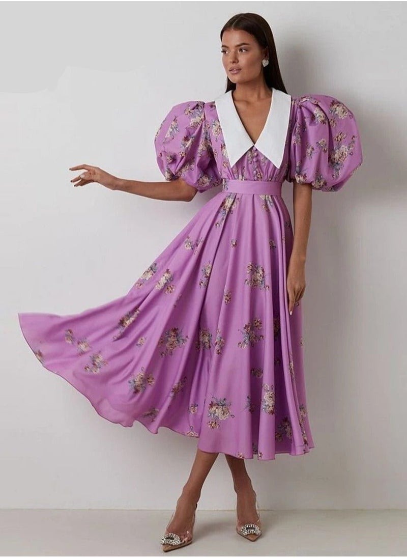 Buttoned Belted Court Style Floral Puff Sleeve Long Dress