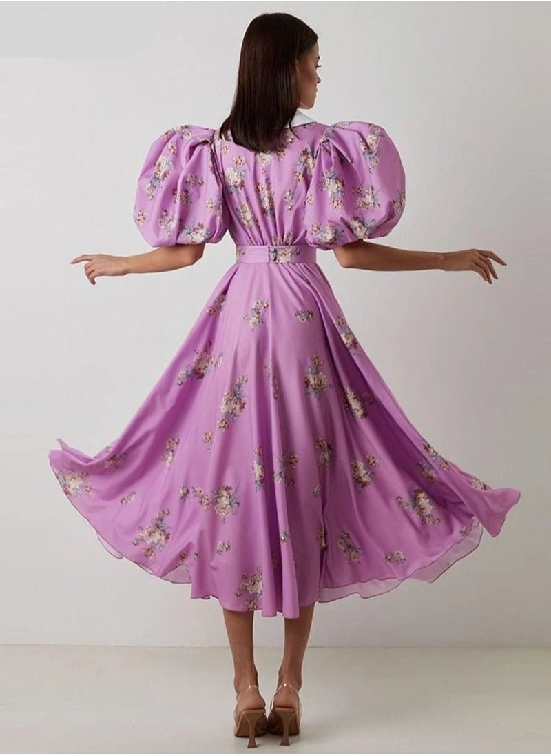 Buttoned Belted Court Style Floral Puff Sleeve Long Dress