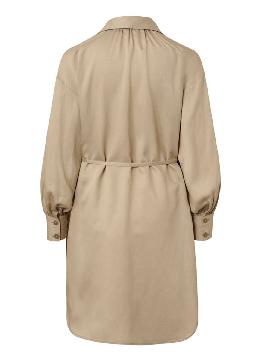 Women Spread Collar Long Sleeves Plain Dress, Beige