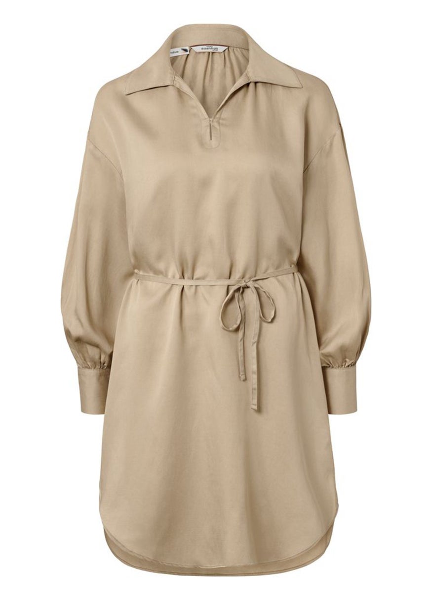 Women Spread Collar Long Sleeves Plain Dress, Beige