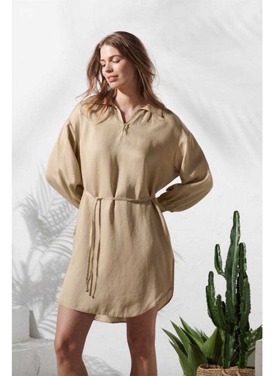 Women Spread Collar Long Sleeves Plain Dress, Beige