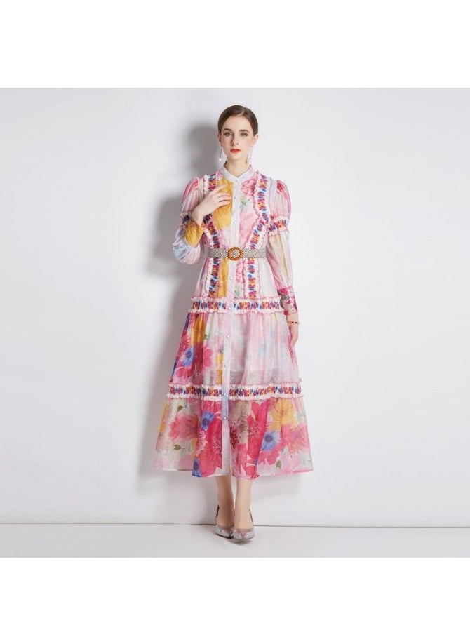 Vintage Floral Print Maxi Dress with Belt and Ruffles