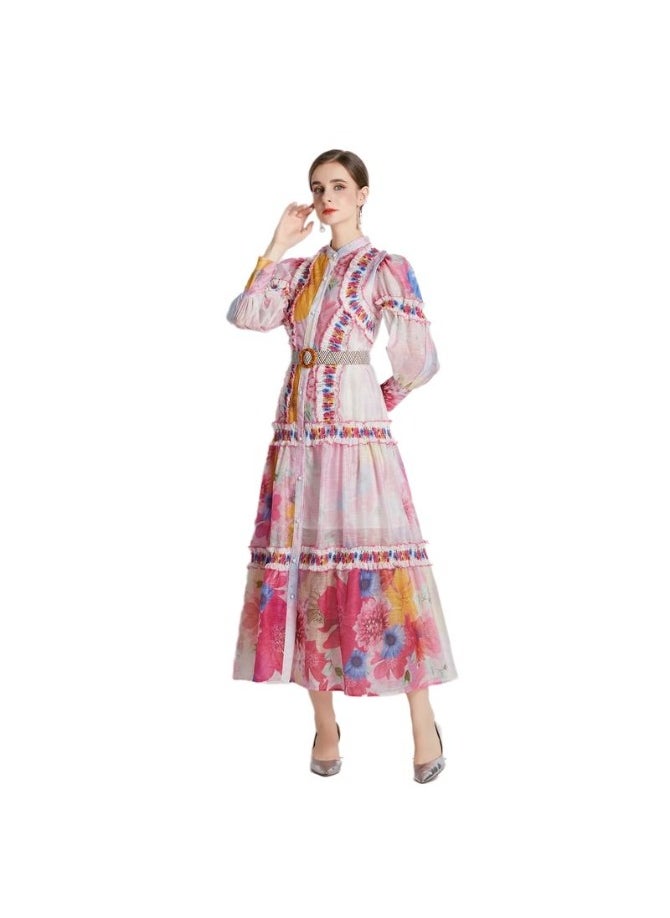 Vintage Floral Print Maxi Dress with Belt and Ruffles