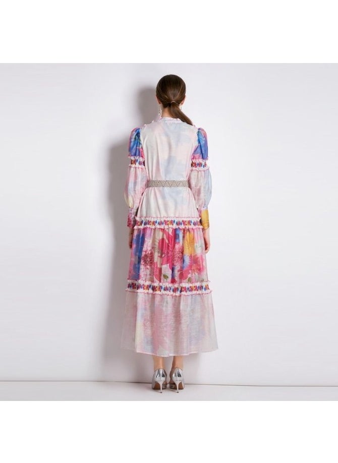 Vintage Floral Print Maxi Dress with Belt and Ruffles