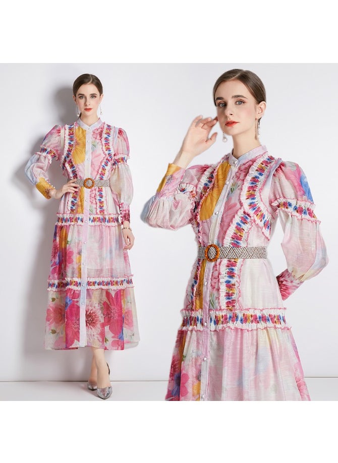 Vintage Floral Print Maxi Dress with Belt and Ruffles