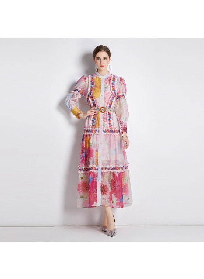 Vintage Floral Print Maxi Dress with Belt and Ruffles