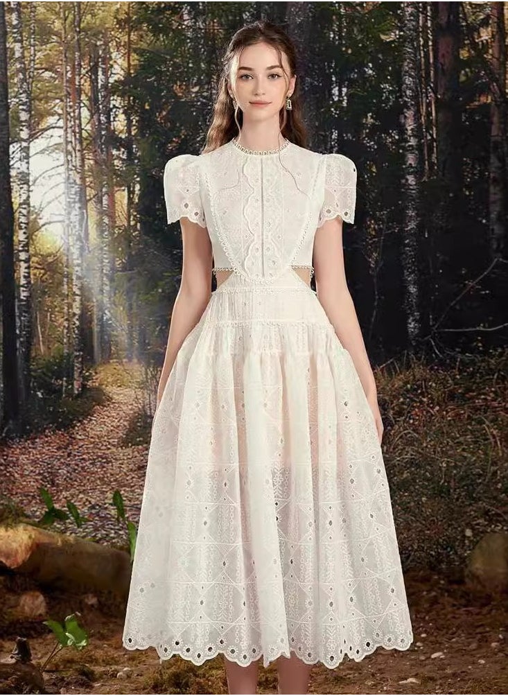 A-Line Lace Hollow Out Round Neck White Dress