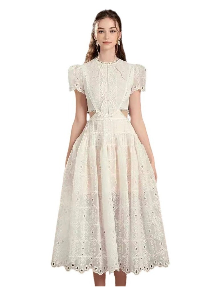 A-Line Lace Hollow Out Round Neck White Dress