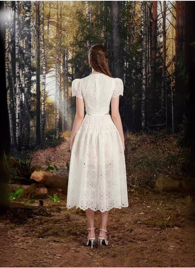 A-Line Lace Hollow Out Round Neck White Dress