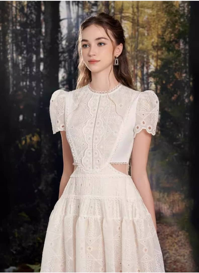 A-Line Lace Hollow Out Round Neck White Dress