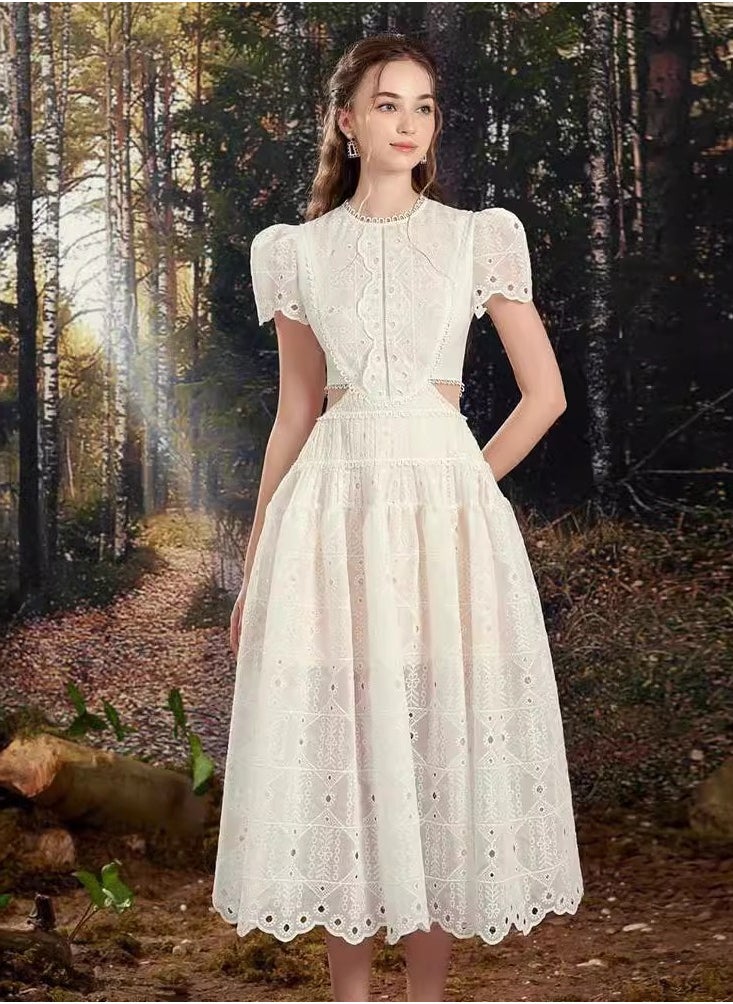 A-Line Lace Hollow Out Round Neck White Dress