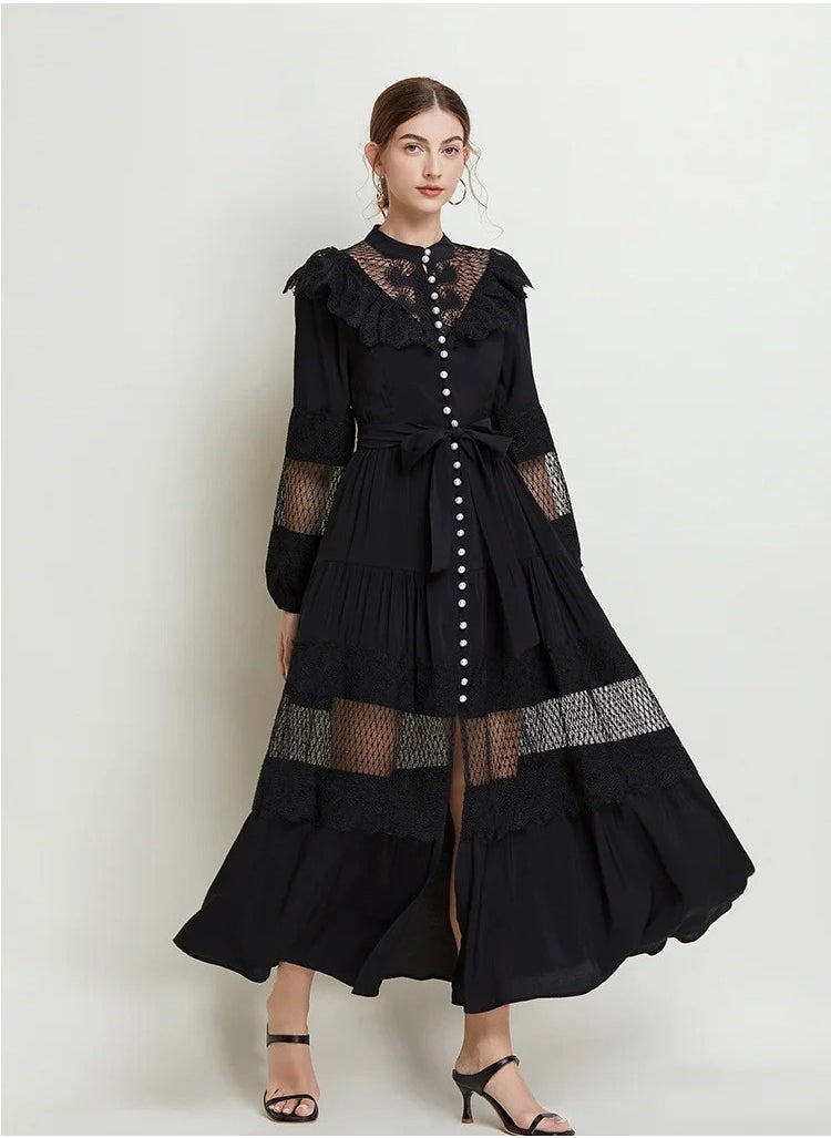 Pearl Button Lace Maxi Dress with Ruffles