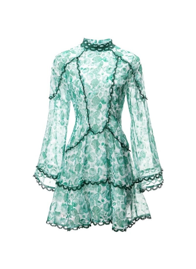 Green Floral Printing High Waist Dress