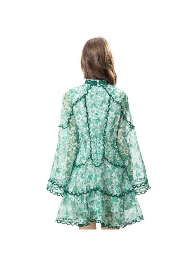 Green Floral Printing High Waist Dress