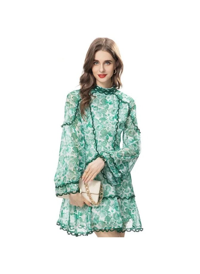 Green Floral Printing High Waist Dress