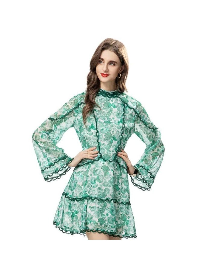 Green Floral Printing High Waist Dress