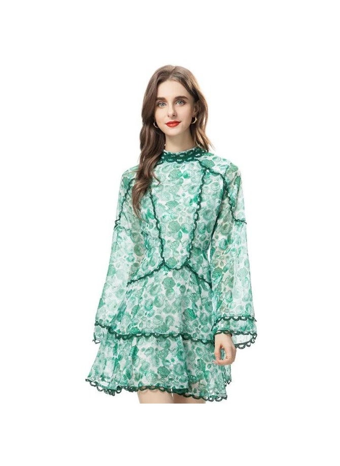 Green Floral Printing High Waist Dress