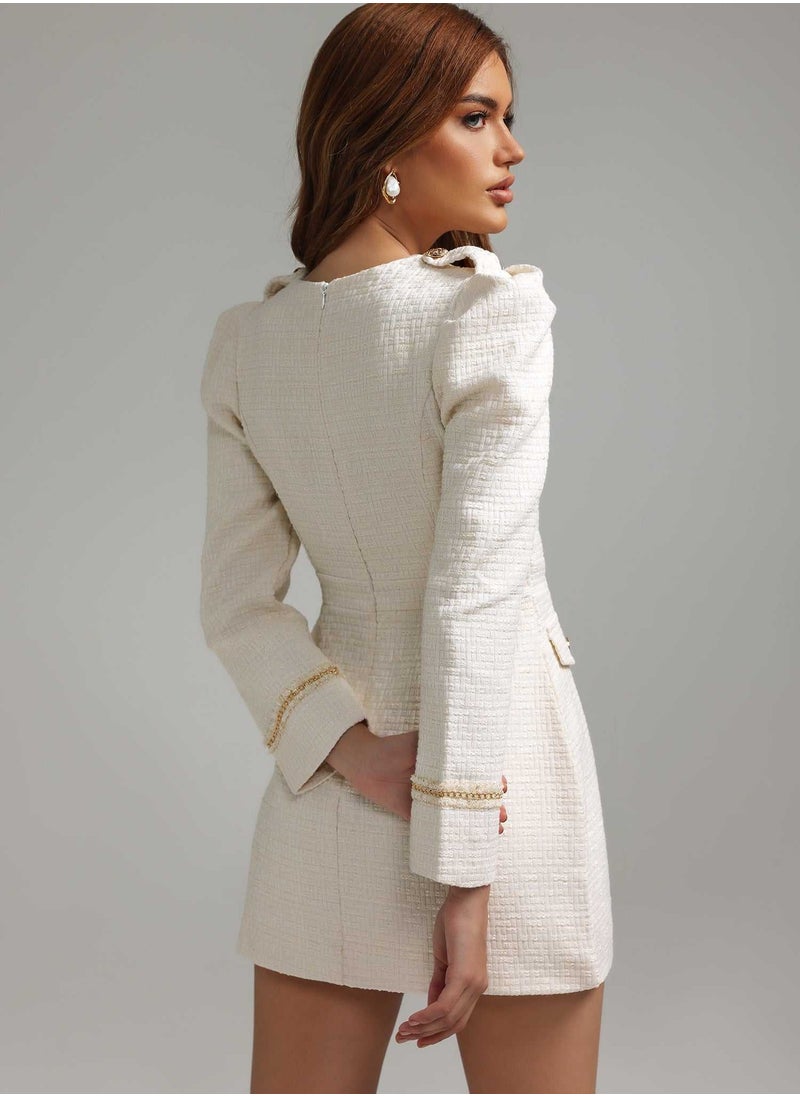 Elegant White Blazer Dress with Buttons and Circular Neckline