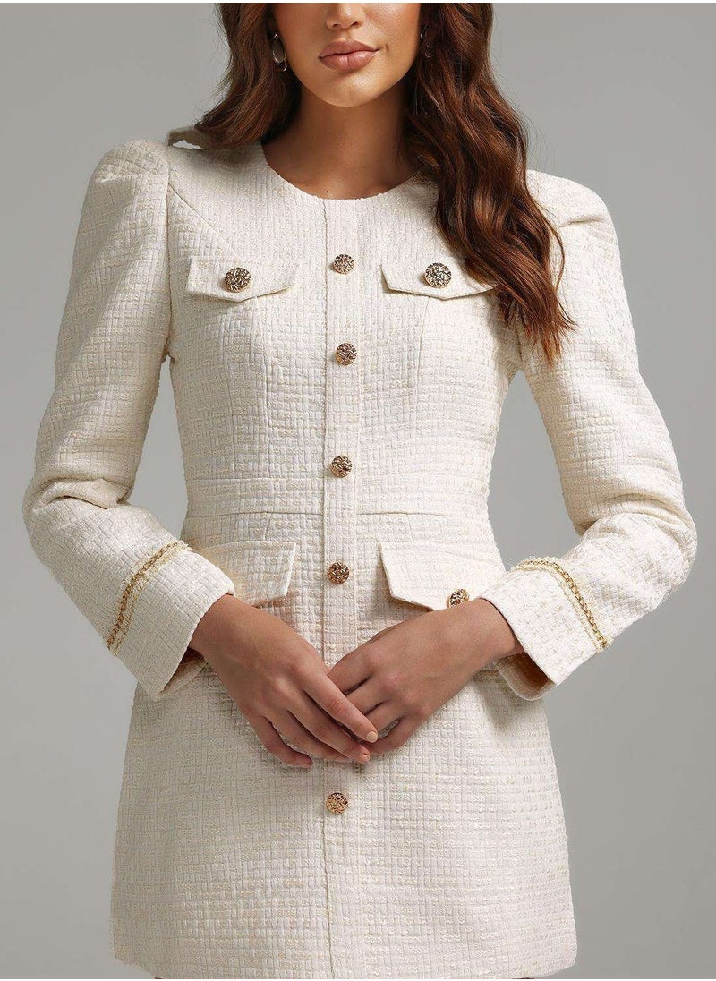 Elegant White Blazer Dress with Buttons and Circular Neckline