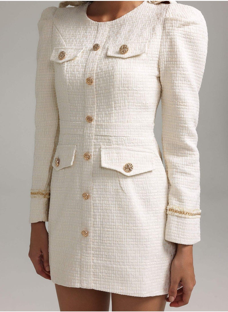 Elegant White Blazer Dress with Buttons and Circular Neckline