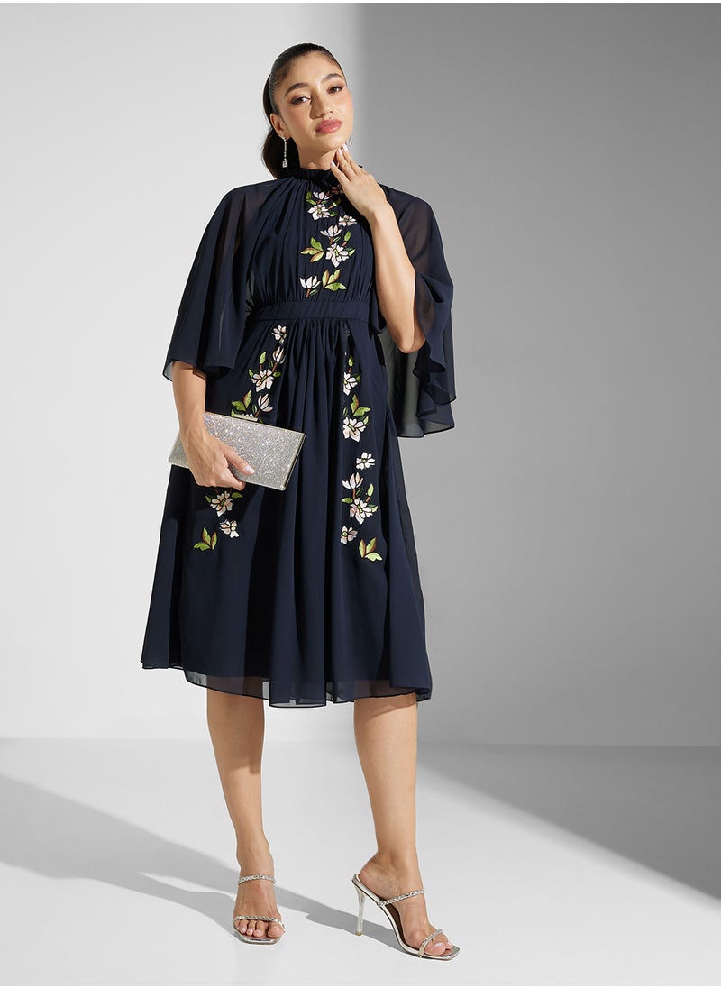 Embellished Ruffles Midi Dress