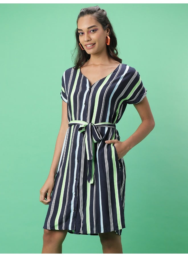 Women Casual Straight Striped Printed V-Neck Mid Dress