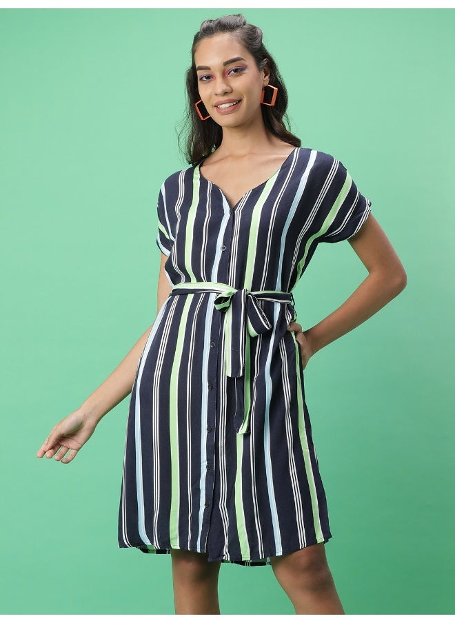 Women Casual Straight Striped Printed V-Neck Mid Dress