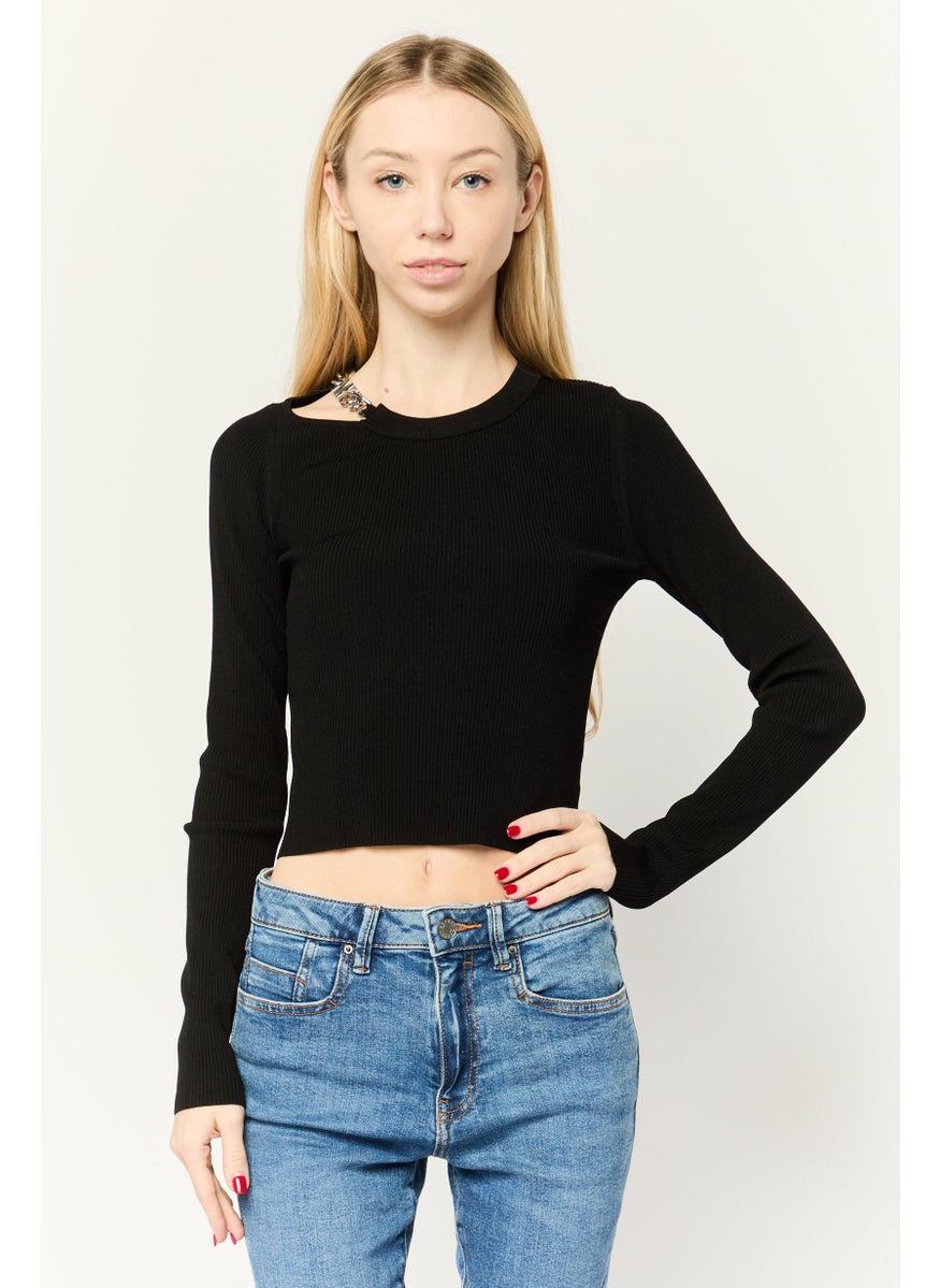 Women Round Neck Long Sleeve Textured Top, Black
