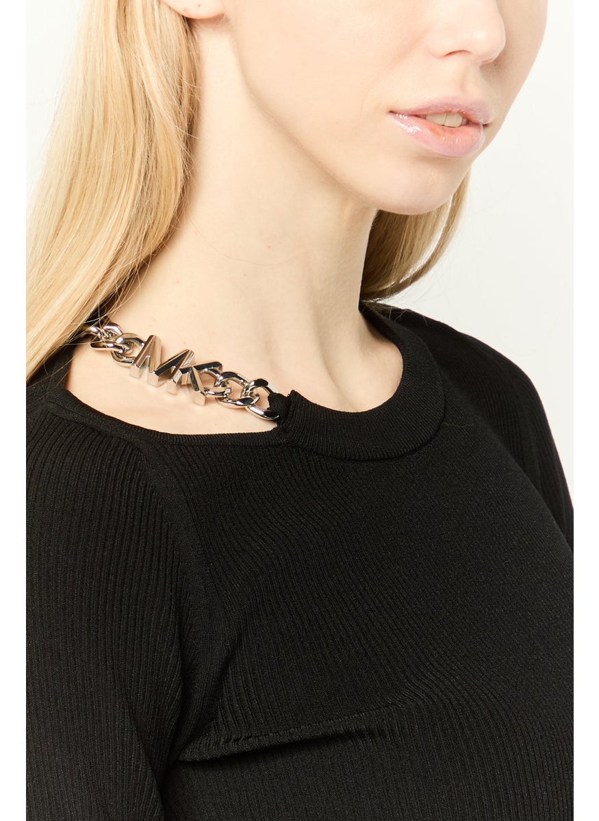 Women Round Neck Long Sleeve Textured Top, Black