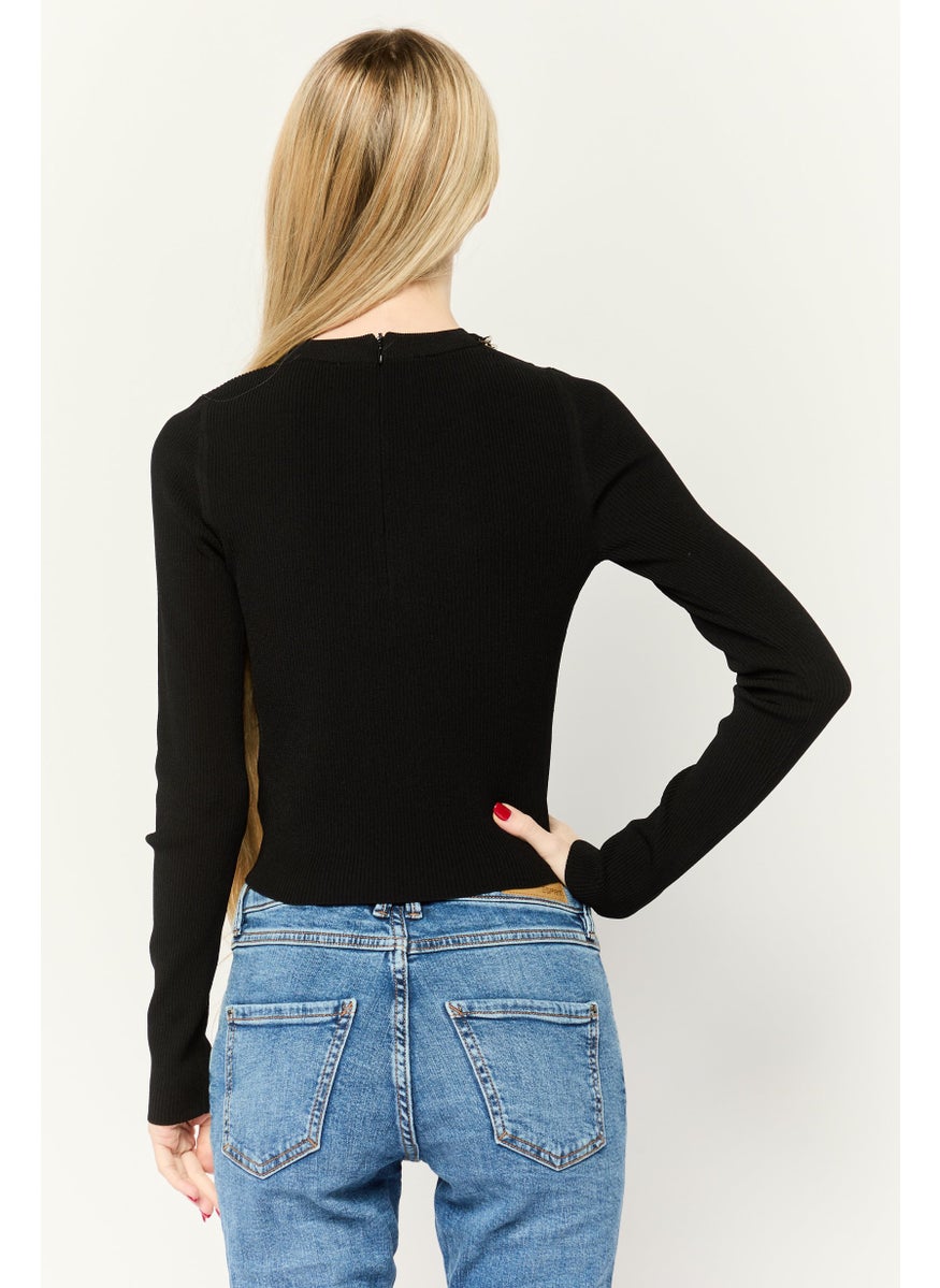 Women Round Neck Long Sleeve Textured Top, Black