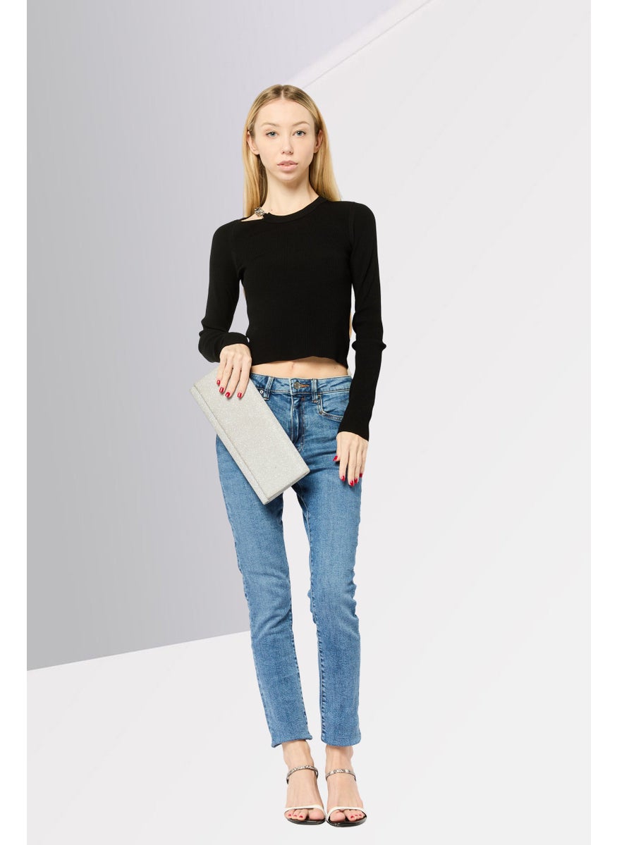Women Round Neck Long Sleeve Textured Top, Black