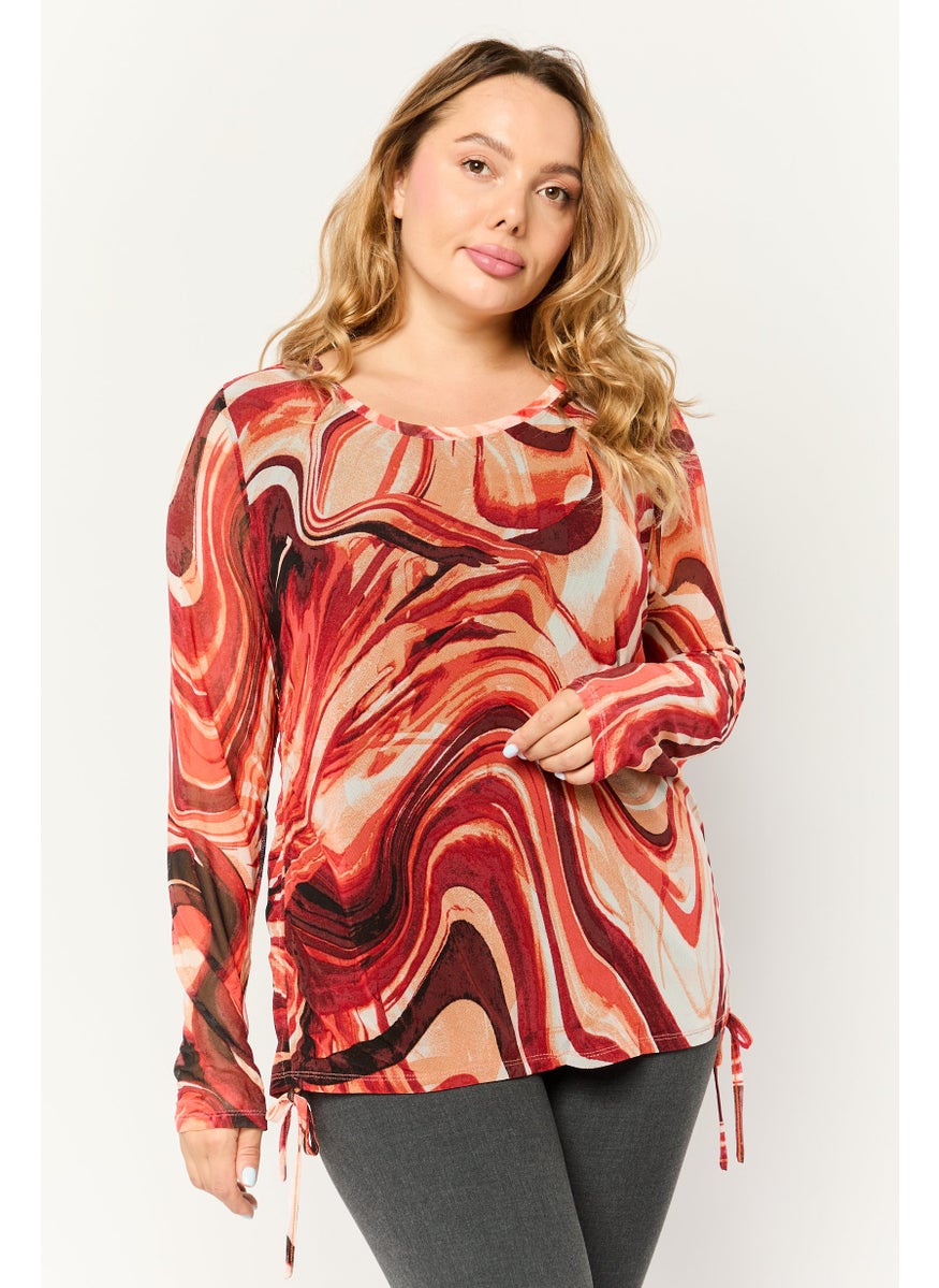 Women Round Neck Long Sleeve Mesh Top, Multicolor