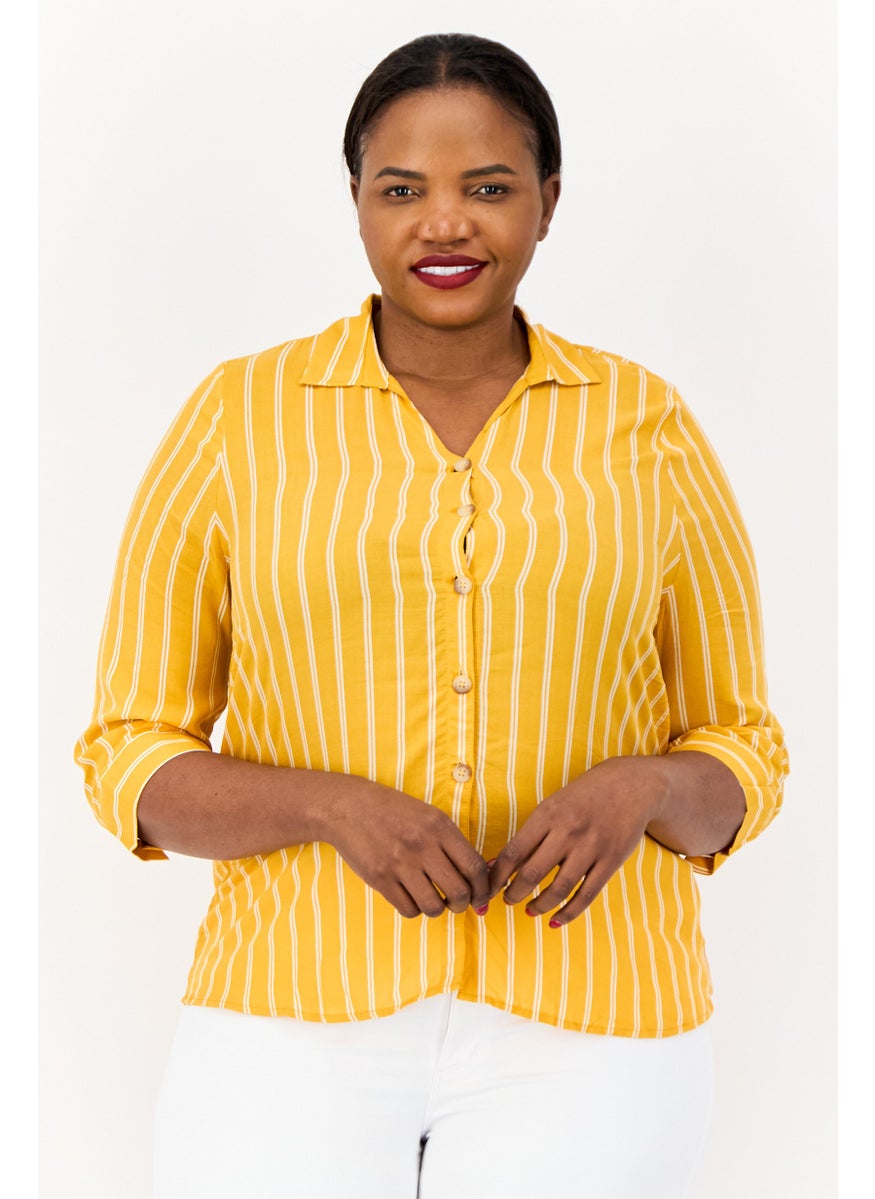 Women Spread Collar 3/4 Sleeves Stripe Blouse, Yellow