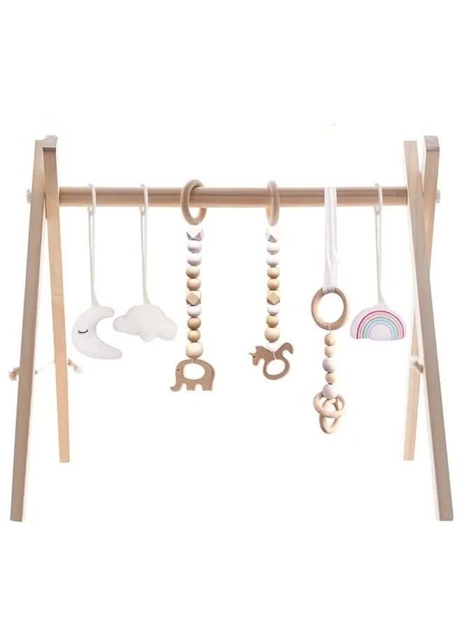 Baby Play Gym Wooden Baby Gym with 6 Toys Foldable Play Gym Frame Activity Gym Hanging Bar Baby Toy