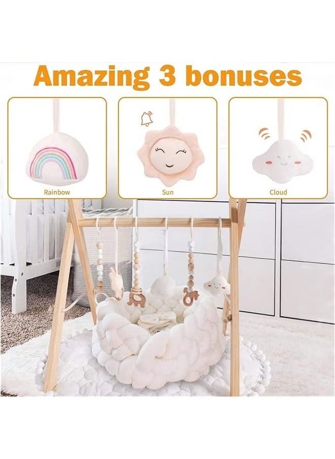 Baby Play Gym Wooden Baby Gym with 6 Toys Foldable Play Gym Frame Activity Gym Hanging Bar Baby Toy